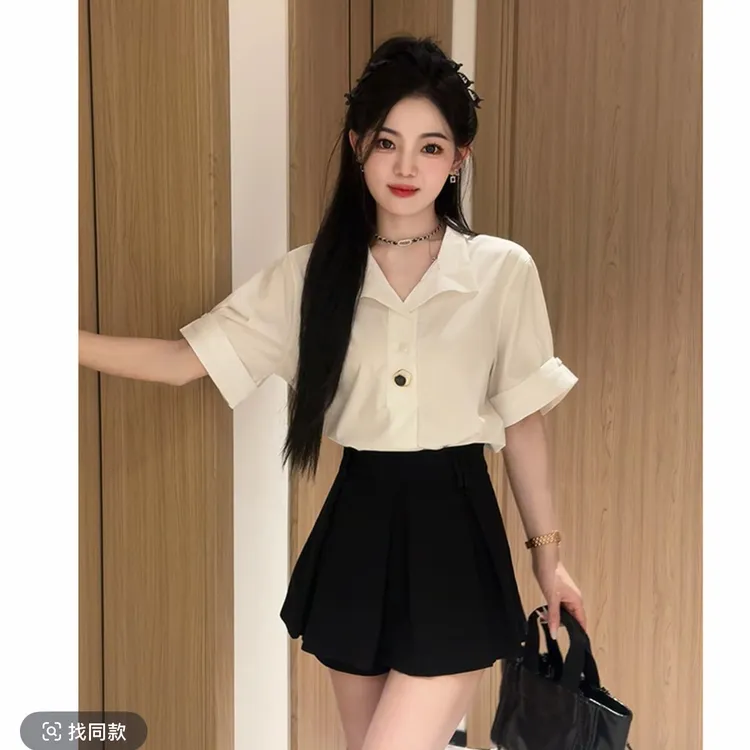 设计感小众职业绝美短袖衬衫女上衣夏季韩系法式通勤白色时尚套装