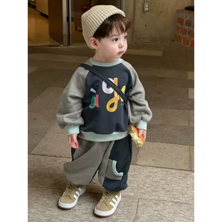 男童春秋套装儿童2025新款韩版拼色圆领卫衣女宝宝洋气束腿卫裤薄