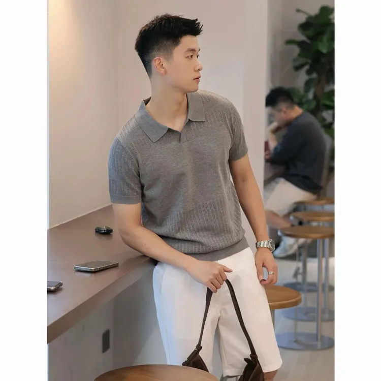 老钱风冰丝针织POLO衫男夏季薄款衬衫领镂空短袖美式重磅半袖t恤