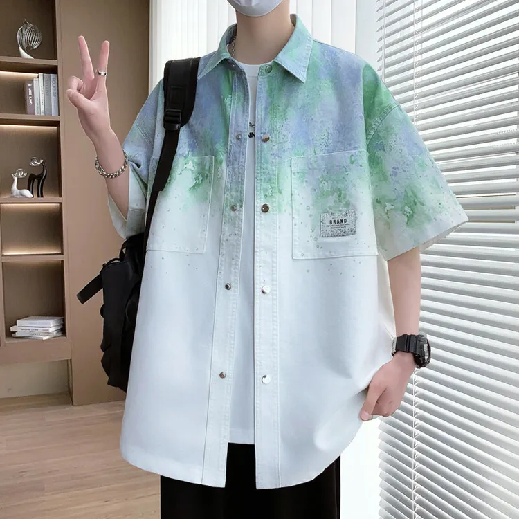 格子刺绣渐变色短袖衬衫男夏季新款美式宽松翻领衬衣青少年寸潮衫