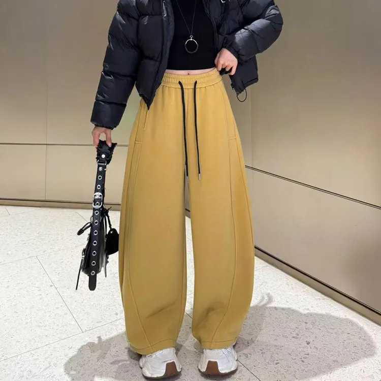 时尚韩版百搭高腰休闲裤女2025年秋冬新款宽松显瘦加绒保暖弯刀裤