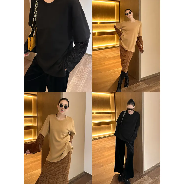 AME  立裁蕾丝  舒适区优雅延伸蕾丝拼接舒暖T恤上衣ZD11SZYL892