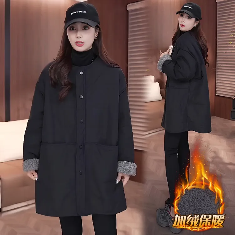 欧货冬装2025新款圆领中长款加绒保暖外套女设计感别致保暖风衣潮