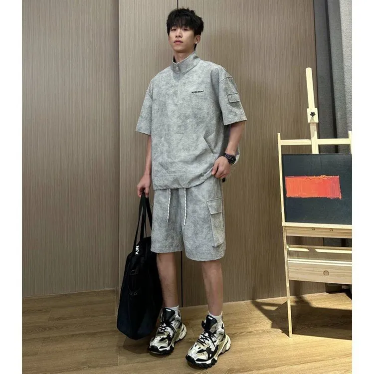 扎染短袖短裤运动套装男生酷帅穿搭夏季休闲两件套ootd穿搭一整套