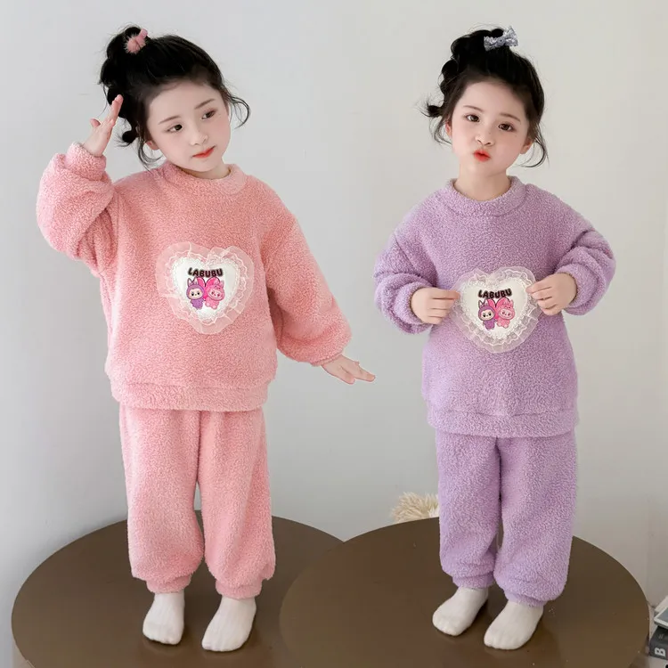 毛毛绒小女孩家居服法兰绒秋冬季开衫保暖宝宝女童儿童睡衣高品质