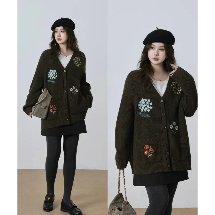 现货大婉酱微胖定制【絮语绣冬】复古花朵绣花毛衣冬季V领开衫1178D