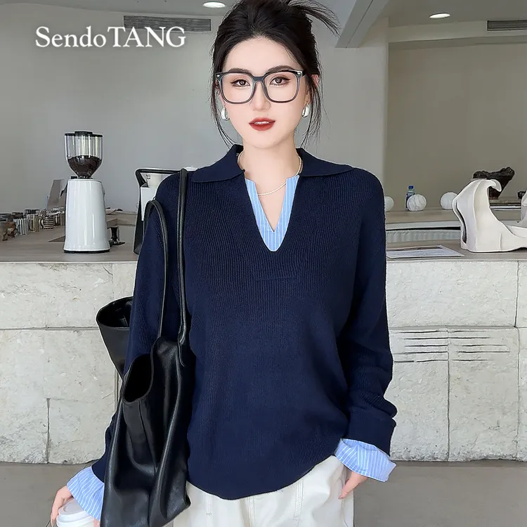 V领毛织衫上衣胖多女装松弛感时髦假两件拼接条纹针织衣【温颜】