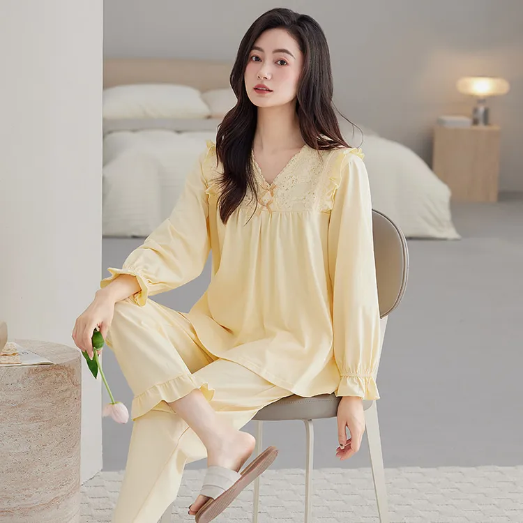 2025年新款睡衣女春秋款长袖新款宫廷风蕾丝花边家居服套装睡衣