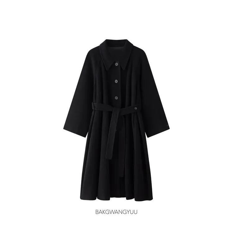 25084黑｜长期主义韩系简约金高银同款黑色收腰阔版双面毛呢大衣