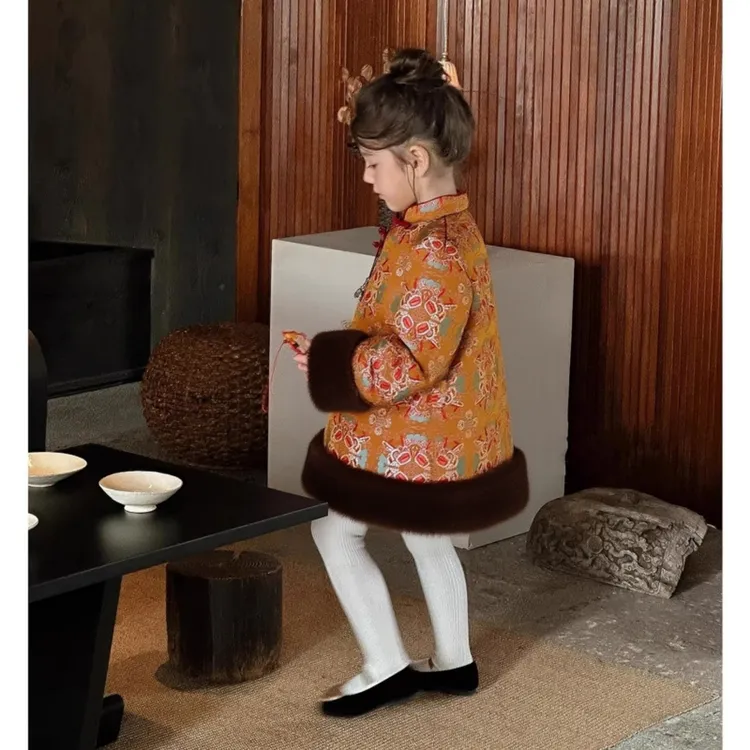 壹妈童装女童橘色夹棉旗袍裙新款冬季小女孩保暖民族风时髦拜年服