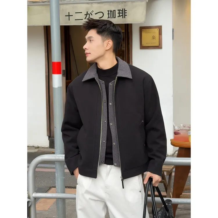 「羊毛混纺呢料」秋冬高级质感翻领假两件夹棉保暖呢子夹克外套