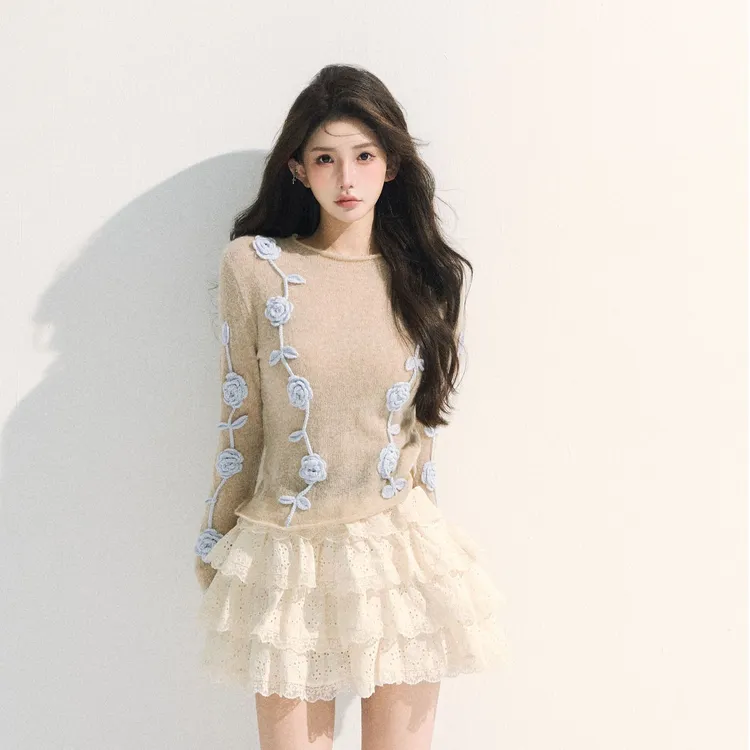 GUIDI GUDI【茶花树】时尚手手工绣花柔软毛衣/黄加蓝