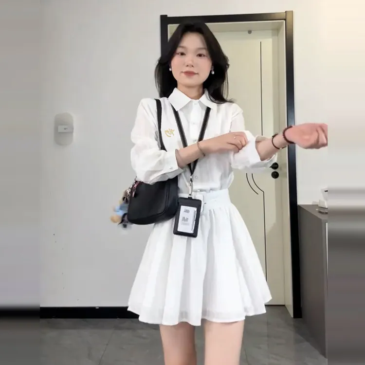 韩系学院风Polo领长袖衬衫连衣裙子女早秋2025新款小个子短裙6660