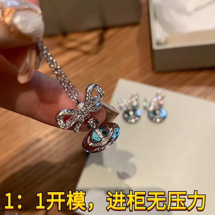 铜陶瓷吊坠 西太后冰川蓝orb蝴蝶结星球项链耳环925银少女感土星