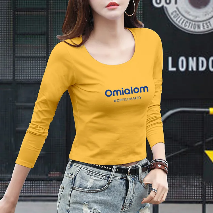 春秋姜黄色短款t恤女长袖韩版高腰显瘦正肩露脐打底上衣2025新款
