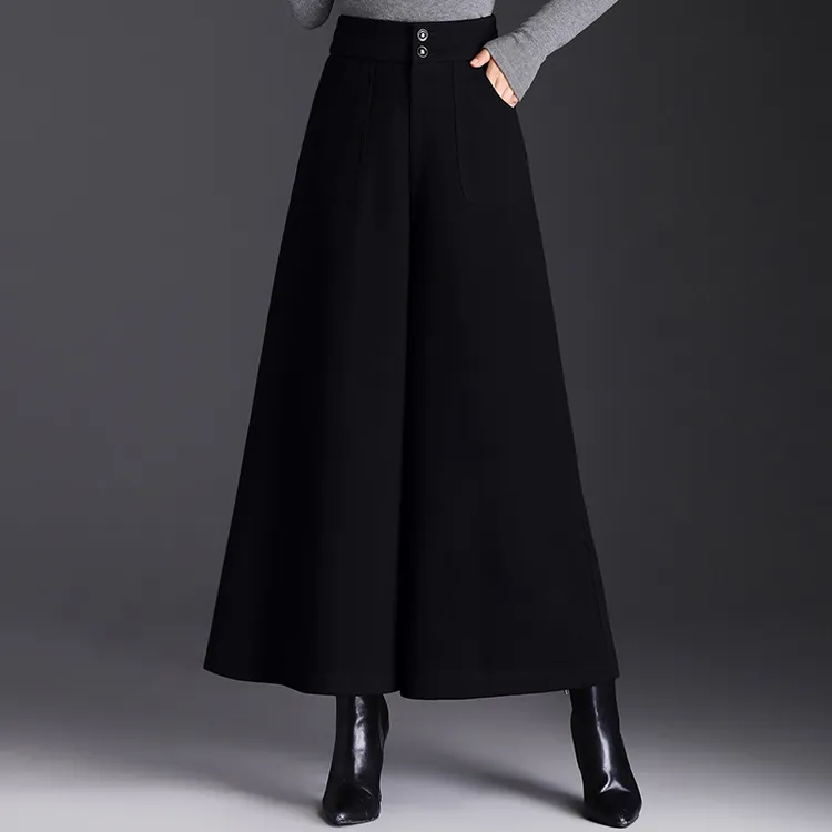 黑色毛呢裙裤阔腿裤女高腰显瘦秋冬新款宽松加厚九分裤大脚裤甩裤