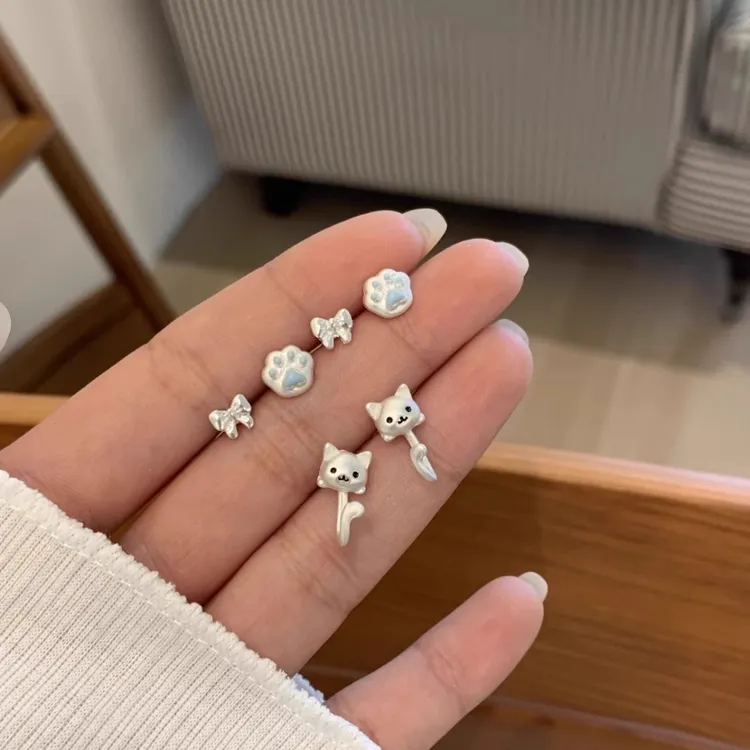 925银耳饰 小猫尾巴耳环女简约可爱童趣小巧百搭耳钉卡通耳饰ins