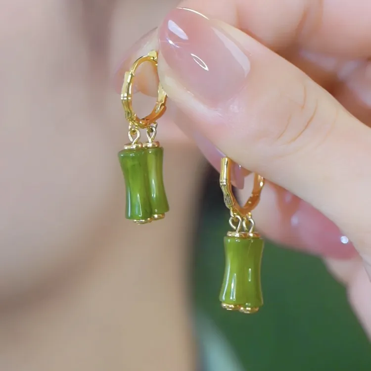 铜合金合成锆石耳饰 复古风绿色竹节流苏耳环小众设计感