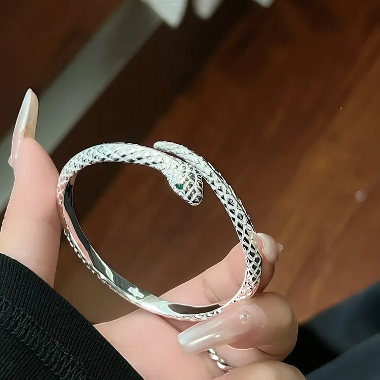 足银手镯 足银999灵蛇镶石开口手镯气质时尚百搭简约经典个性小众
