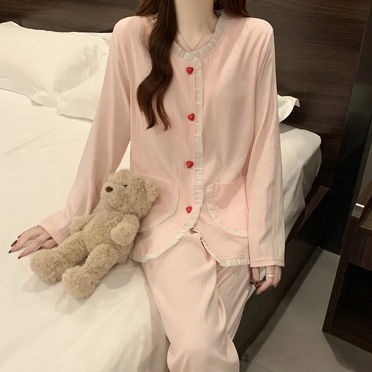 家居服长袖长裤女款爆款2025新款带衣袋简约带胸垫夏薄款女可外穿