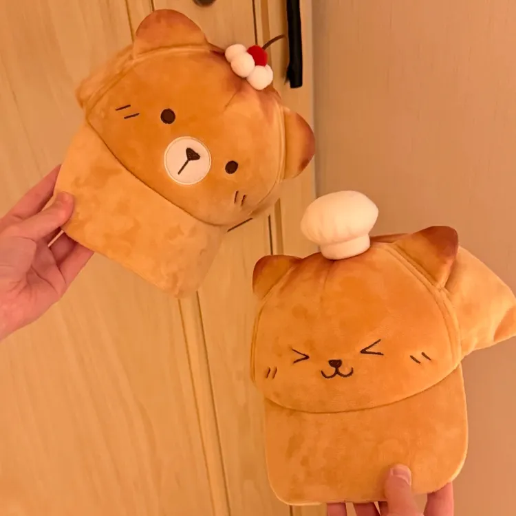 烤焦萌物两枚！可爱焦糖小熊软顶棒球帽显脸小立体开心小猫刺绣帽