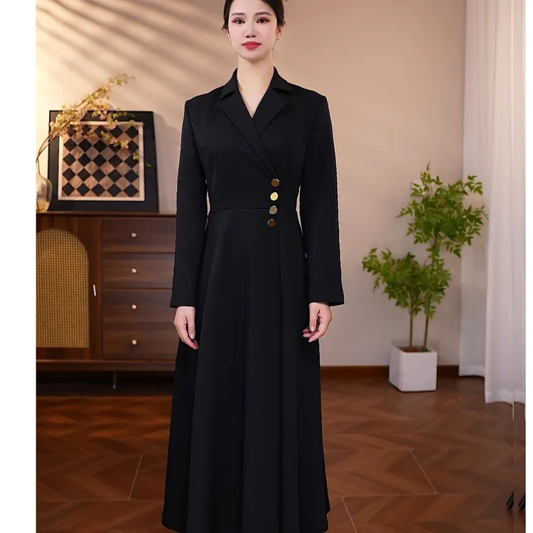 黑色长袖连衣裙气质收腰长款春秋新款女装大摆过膝显瘦高级感裙子