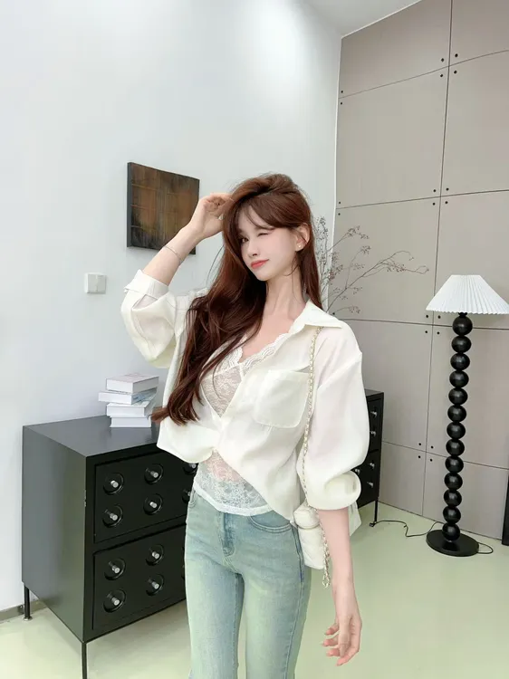 【叠穿蕾丝】法式高级感衬衫➕水绒蕾丝背心两件套#8527