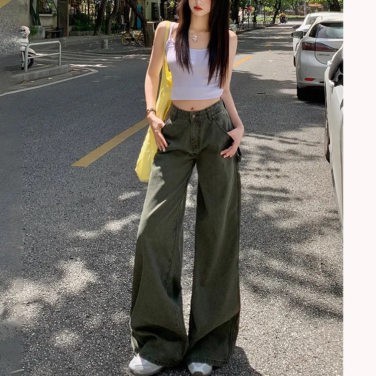 军绿色美式阔腿工装裤女2025秋季新款休闲宽松显瘦加长直筒牛仔裤
