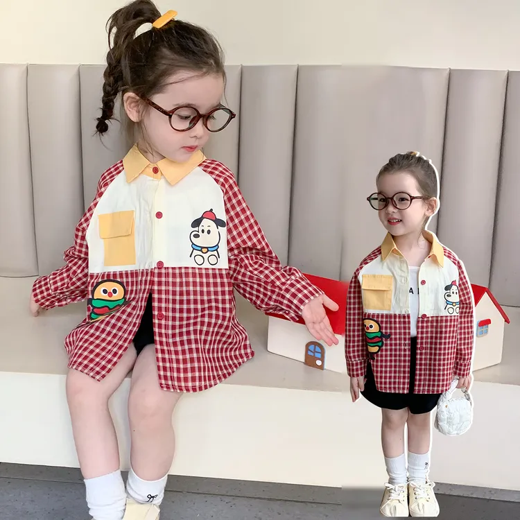 女童撞色格子衬衫2025新款儿童长袖卡通衬衣宝宝洋气韩版春秋上衣