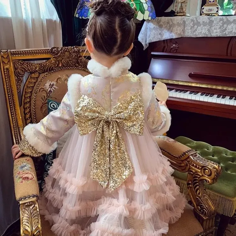 女童中国风旗袍裙冬装2025新款洋气儿童唐装拜年服女孩新年公主裙