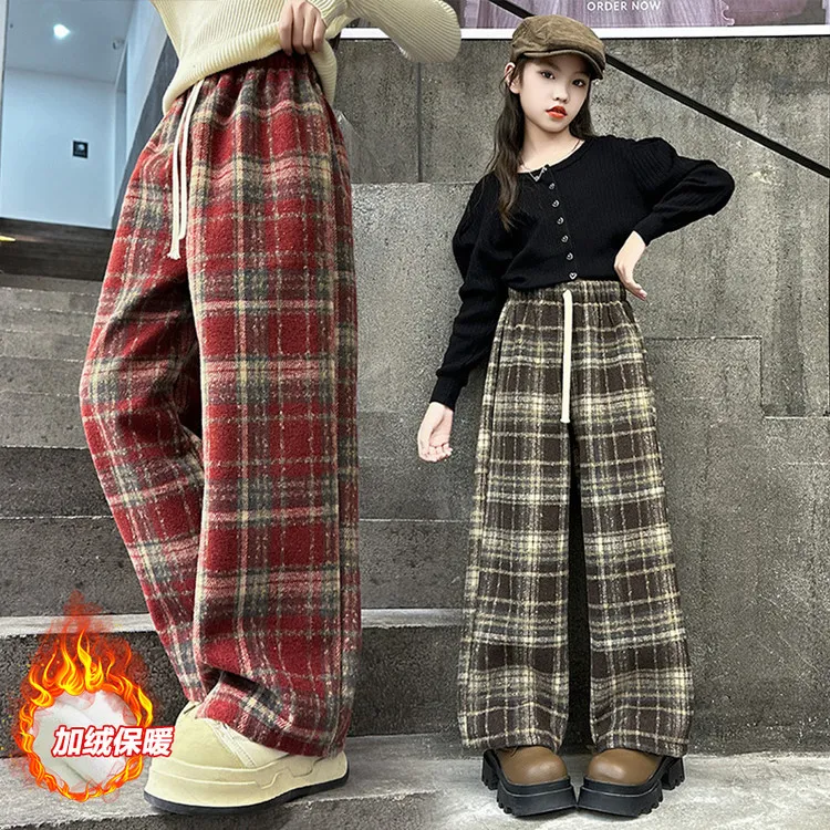 女童加绒裤子秋冬款洋气外穿儿童格子阔腿裤冬季女大童一体绒长裤