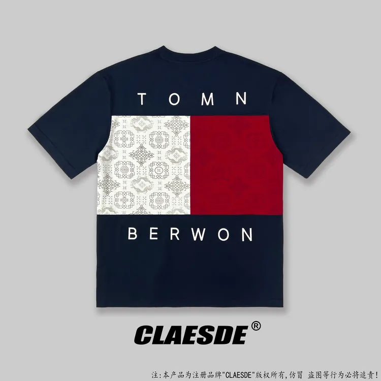 男士轻奢高定t恤套头印花时尚短袖ins风欧美潮流复古圆领T恤8061