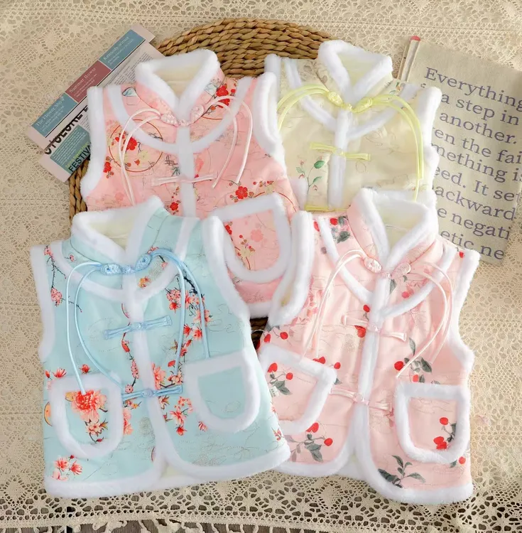 碎花单排扣立领女棉服秋冬季外穿女宝冬款中国风加绒加厚网红马夹