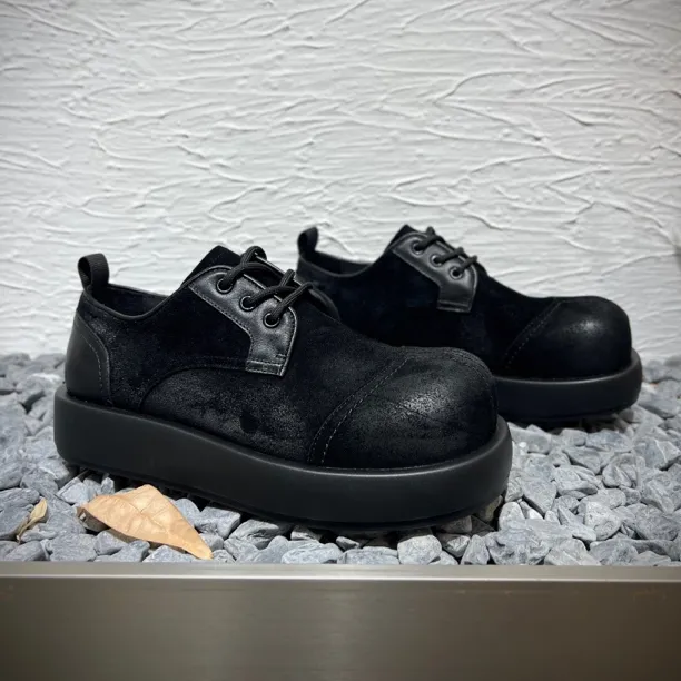 2025秋季新款百搭厚底系带男士复古磨砂皮鞋黑色擦旧百搭ins通勤