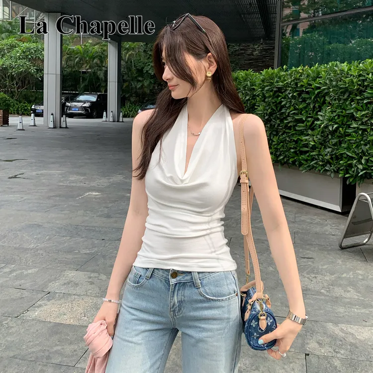 拉夏贝尔法式独特荡领吊带背心女2025夏新款外穿挂脖无袖露背上衣