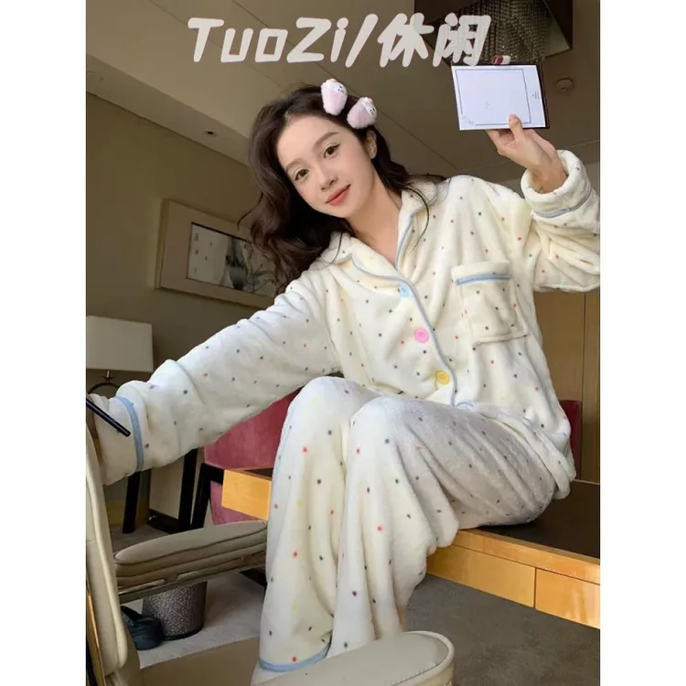 开衫珊瑚绒睡衣冬季女款加绒加厚长袖可爱法兰绒居家服两件套装