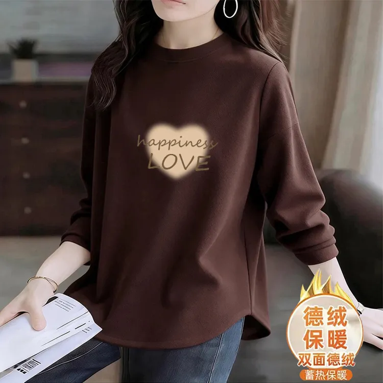 秋冬季新款双面德绒保暖内搭圆领打底衫女士休闲洋气减龄长袖T恤