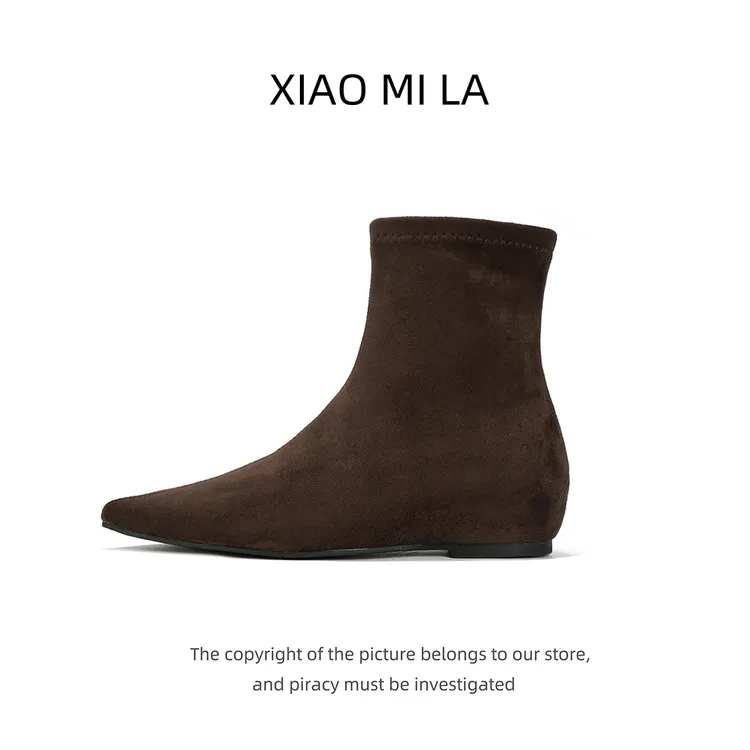 绒面内增高通勤短靴2025秋冬新款绒里黑色平底百搭尖头弹力瘦瘦靴