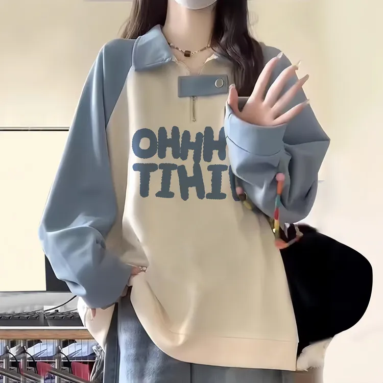 FAVMARTHA美式插肩polo领卫衣女大童秋冬加绒初中高中学生宽松薄