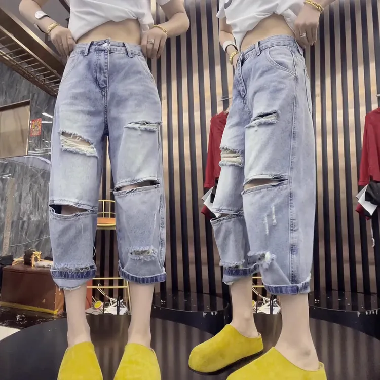 梨型高腰小个子八分牛仔裤女2025夏季新款窄版显瘦显高破洞直筒裤
