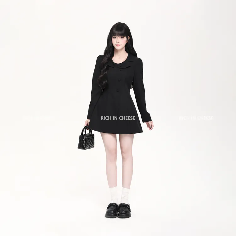 RICHINCHEESE 心动序幕曲 法式圆驳领西装料设计简约收腰连衣裙
