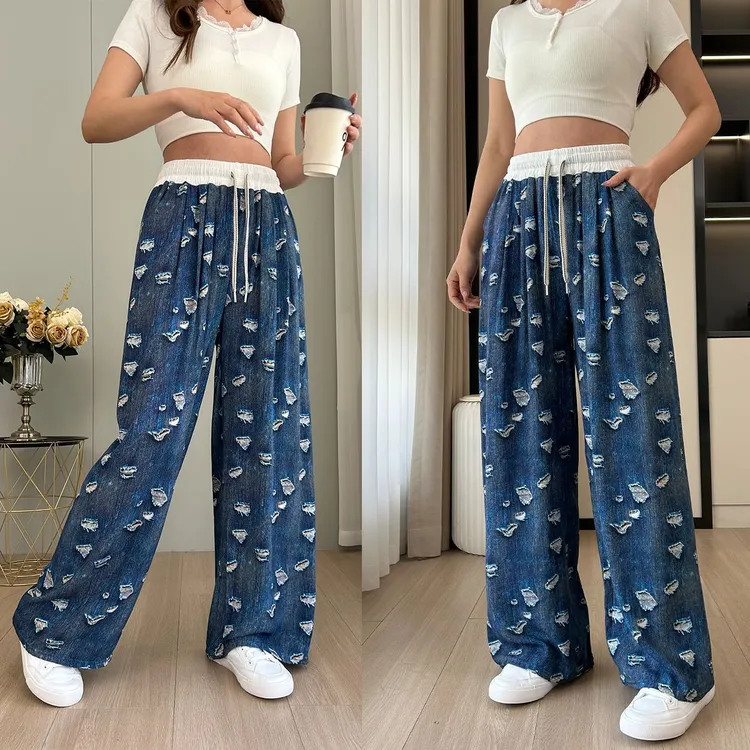 红悦绒高腰阔腿裤夏季显瘦宽松垂感韩版休闲薄款人棉裤拖地牛仔裤