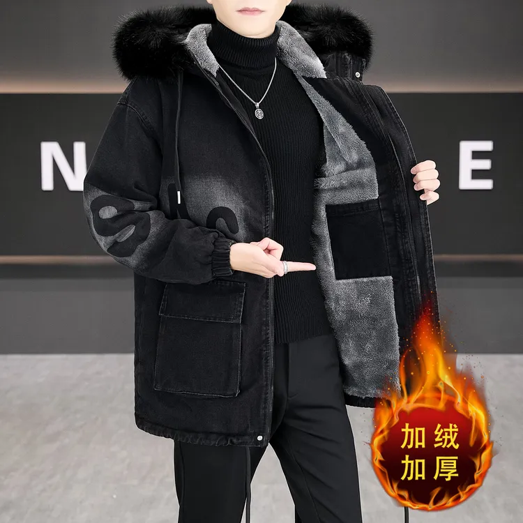 冬季加绒加厚男士派克服牛仔外套青少年宽松韩版保暖高级感男装