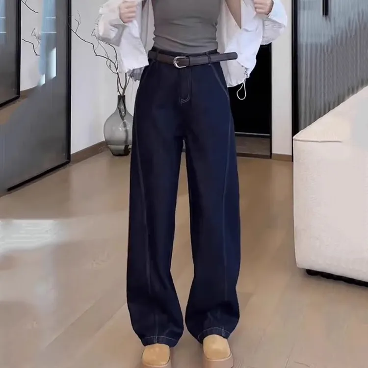 美式深蓝弯刀阔腿牛仔裤女2025新款秋季高腰显瘦设计感丹宁拖地裤