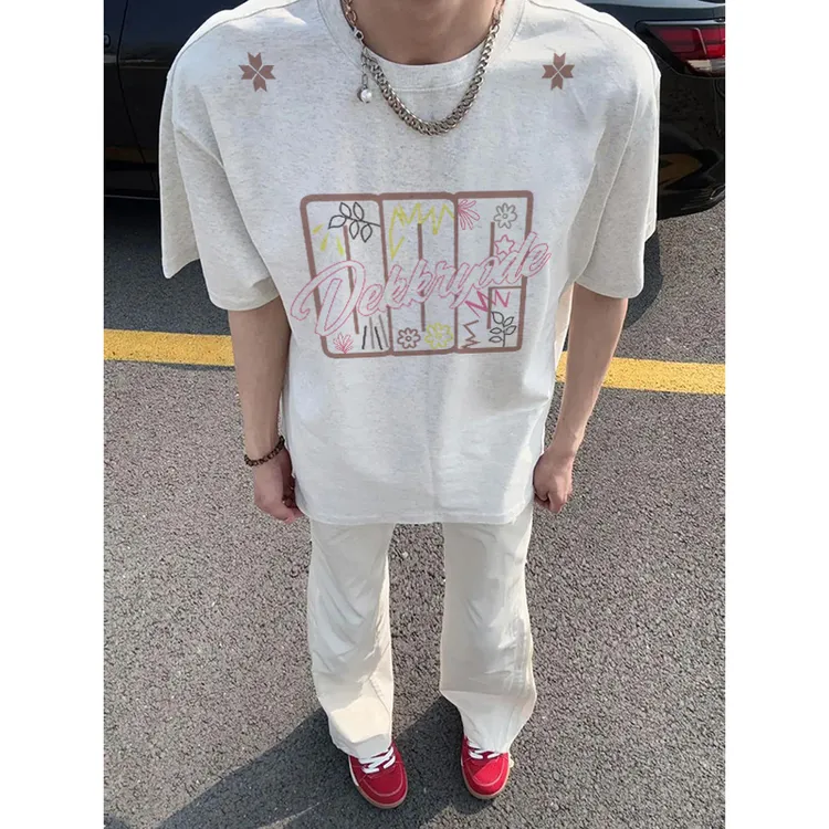 美式潮牌创意设计感印花短袖T恤男夏季百搭宽松休闲纯棉重磅上衣