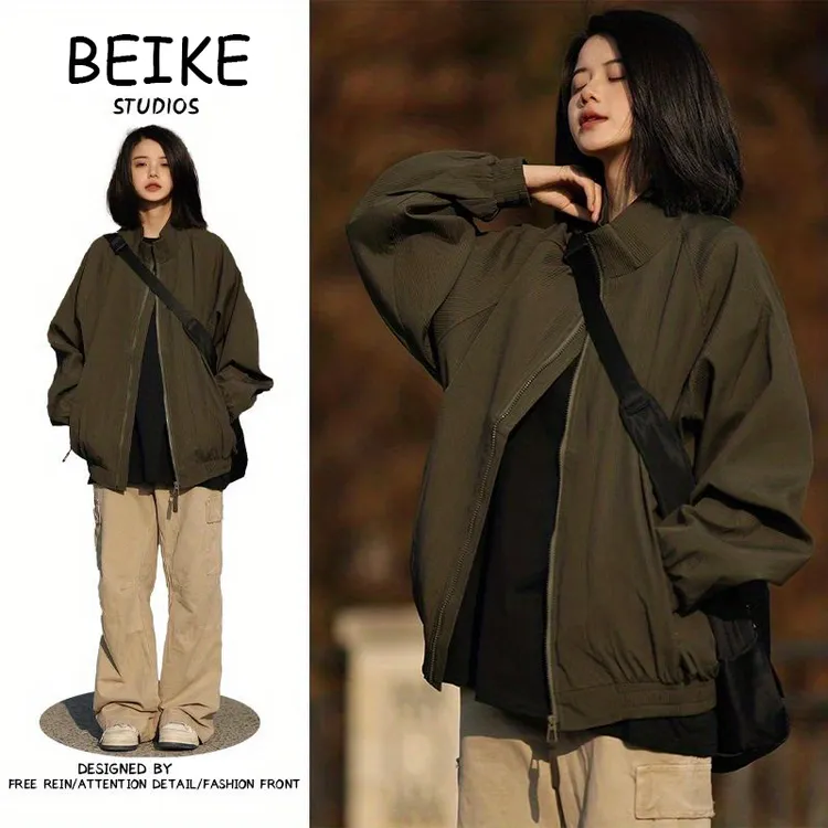 日系复古拉链开衫夹克男女学生春秋季休闲立领纯色男外套秋季款