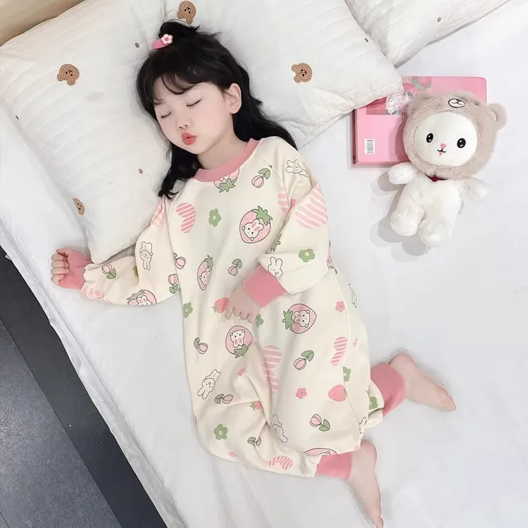 女童春秋长袖连体棉睡衣秋季卡通爬服宽松儿童防踢连体衣家居服秋