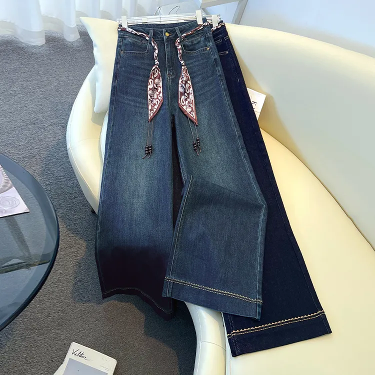 潮流高腰丹宁蓝女士直筒阔腿牛仔裤2025秋冬新款休闲女裤配时尚丝