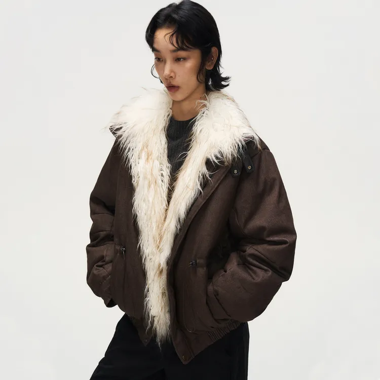 subtraction of复古做旧棕色流浪毛领羽绒服宽松休闲加厚保暖外套