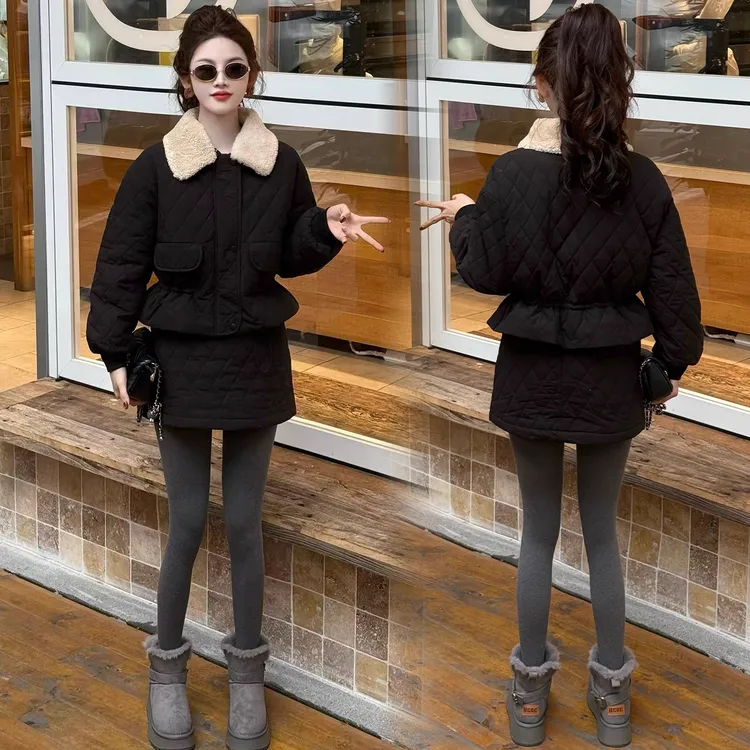 时尚小香风套装裙女2025冬季新款洋气显瘦翻领棉衣半身裙两件套潮